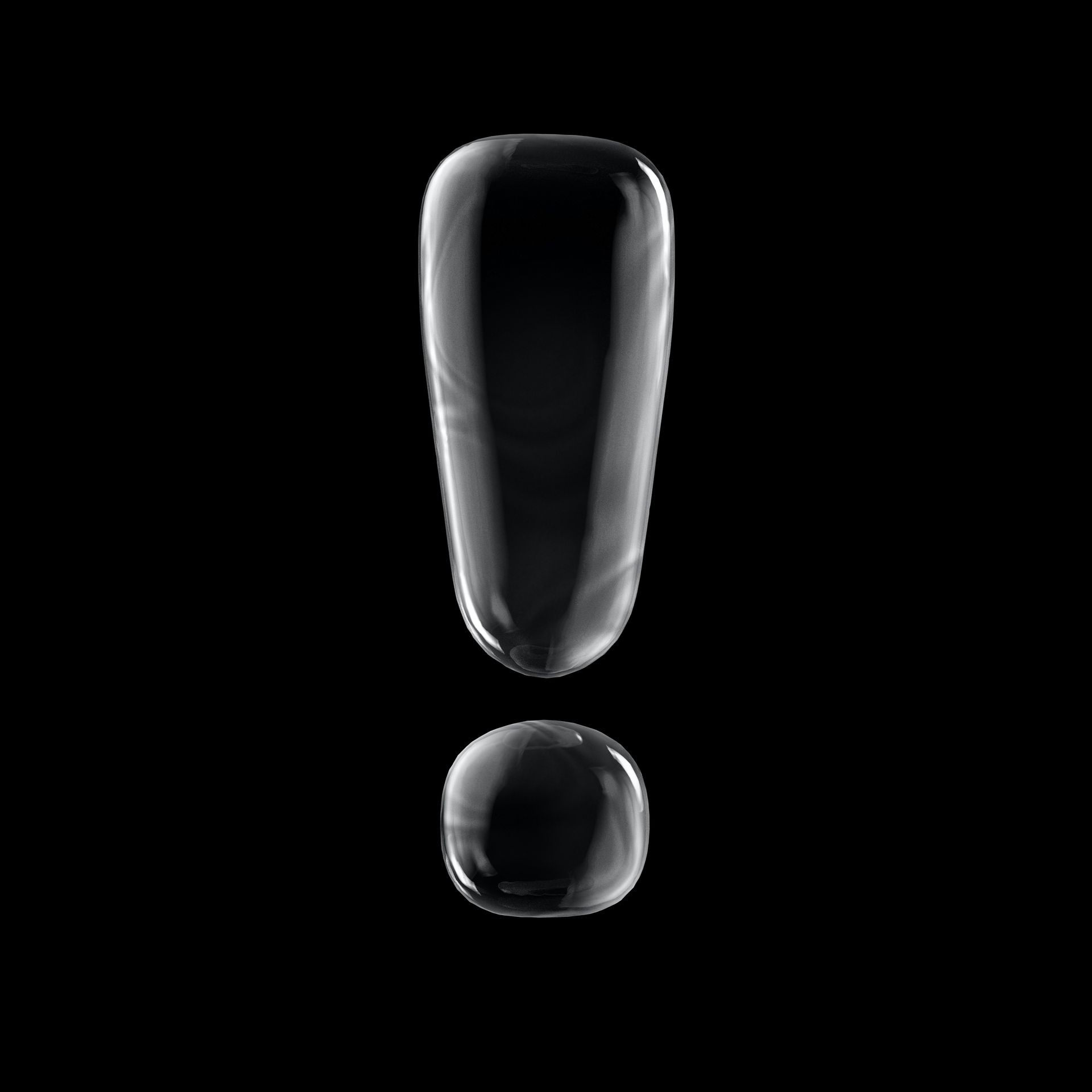 Glass exclamation mark on a black background, with light reflections highlighting its smooth surface.