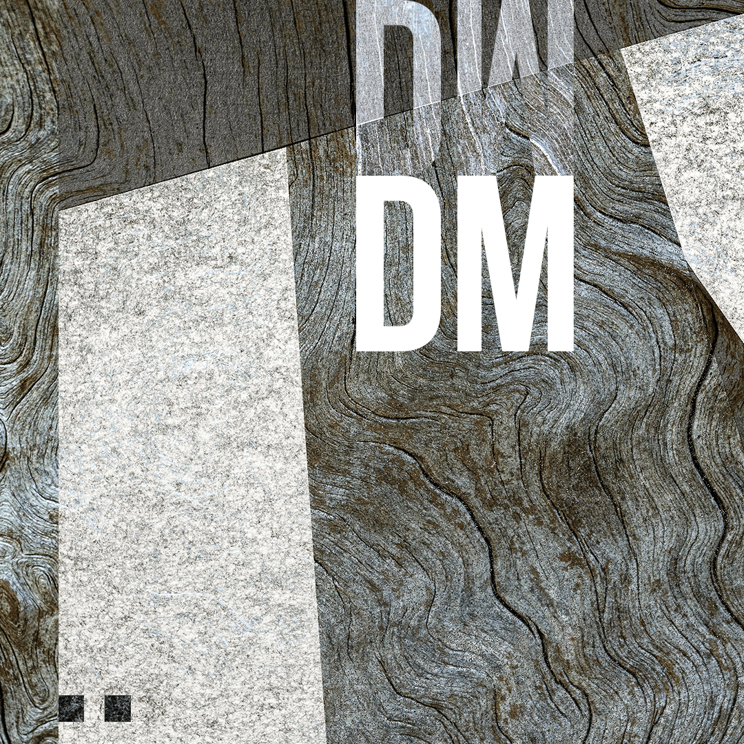 Abstract design with textured wood patterns and the letters 'DM' in white overlaying the surface.