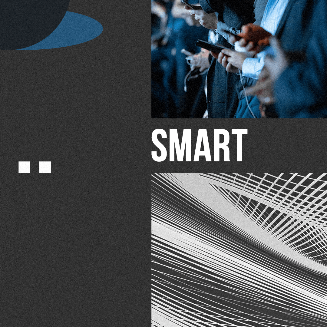 People using smartphones, abstract lines, and the word 'SMART' on a dark background.