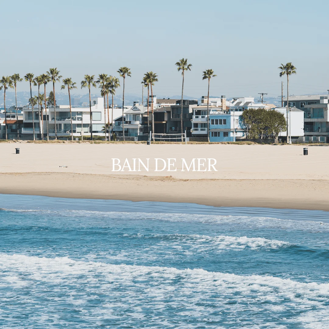 Venice Beach, Los Angeles: palms and beach houses, empty sand with the Bain de Mer name, the Pacific below