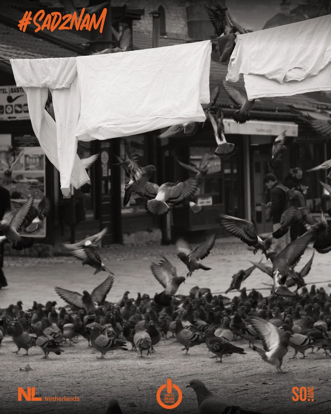 Campaign artwork in black and white: white sheets on a line above pigeons at the Sebilj, the #SadZnam lettering above.