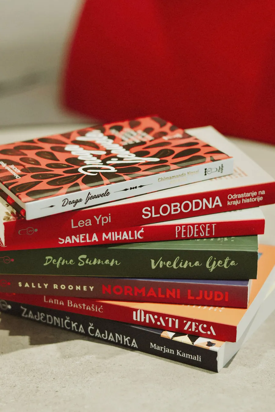 A stack of books, one with a red patterned cover, on a white surface.
