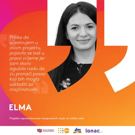 Elma's card, as published: her portrait inside the quotation mark, her statement, the programme's name and the four partner marks.