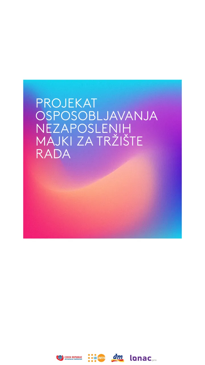 Story card on the campaign gradient: Projekat osposobljavanja nezaposlenih majki za tržište rada (the training programme for unemployed mothers).