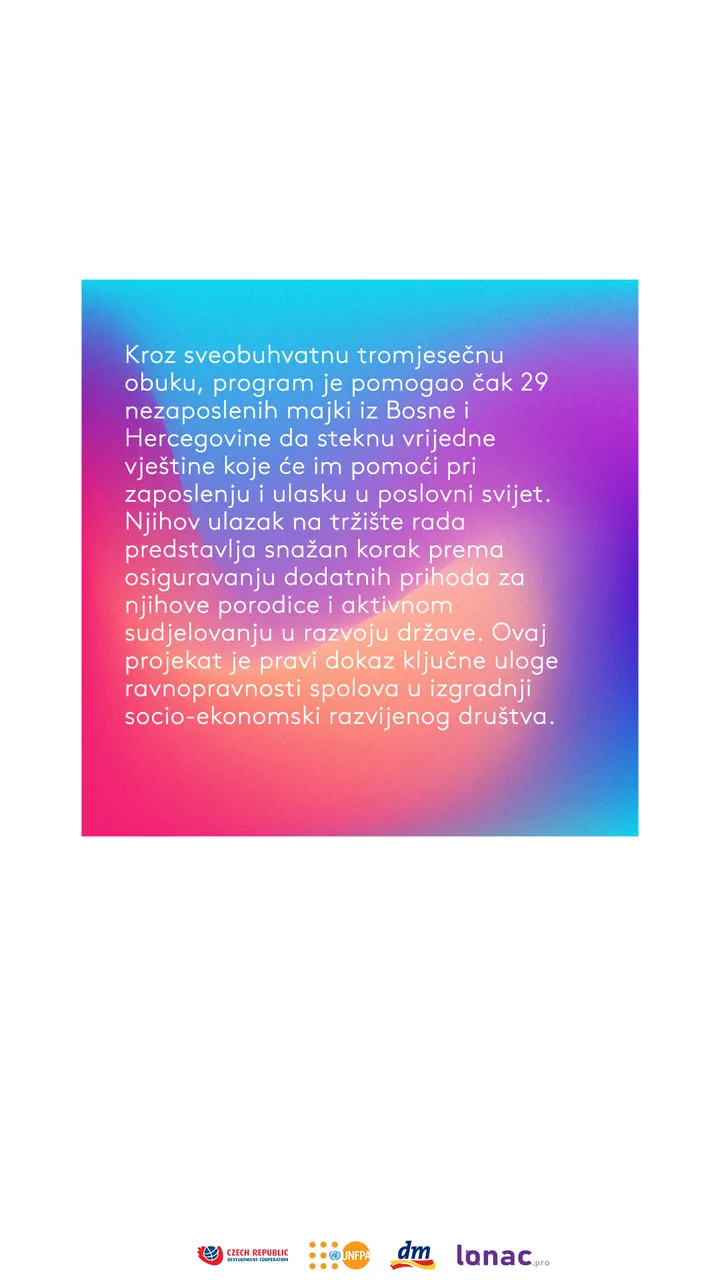 Story card: through a comprehensive three-month training, the programme helped as many as 29 unemployed mothers from Bosnia and Herzegovina gain valuable skills for employment and entering the business world.